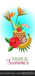Tropical summer! Vector illustration. Tropical flowers, fruit and cocktail in a pineapple.