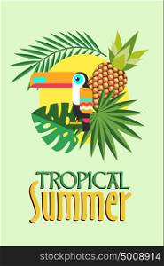 Tropical summer vector illustration. Tropical leaves, pineapple and Toucan in the sun.