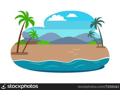 Tropical summer with mountains, blue sky over palm trees. Best place for freelancer work, seascape composed of ocean and sand vector illustration.. Tropical Summer Vector Illustration with Mountains
