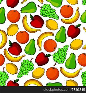 Tropical sweet banana, orange and lemon, garden juicy apple, green grape and pear fruits seamless pattern. Fruit background for organic farming and gardening design. Tropical and garden fruits seamless pattern