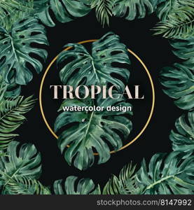 Tropical-themed border frame decorated with monsteras and palms leaves concept vector illustration.