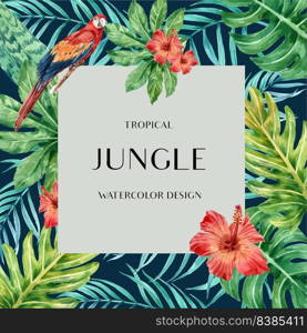 Tropical-themed frame design with Hibiscus and leaf concept, contrast color illustration template.