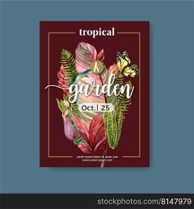 Tropical-themed Poster design with fern and butterfly, vibrant foliage vector illustration template.
