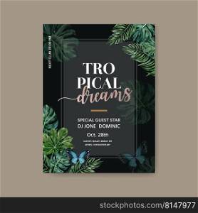 Tropical-themed Poster design with monstera and palm leaves concept, tropical dream illustration.