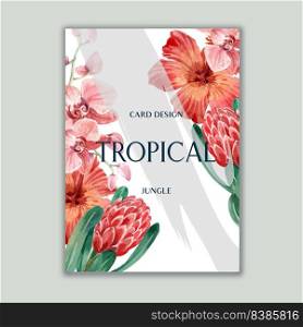 Tropical-themed Poster design with monstera and red leaves concept, butterfly  illustration template