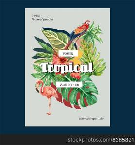 Tropical-themed Poster design with Toucan and tropical leaves, colorful vector illustration.