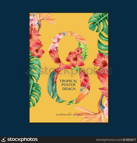 Tropical-themed Poster design with tropical leaves concept, vibrant vector illustration template.