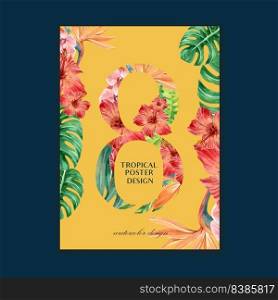 Tropical-themed Poster design with tropical leaves concept, vibrant vector illustration template.