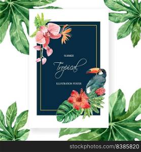 Tropical-themed Poster design with tropical leaves, green-toned illustration template