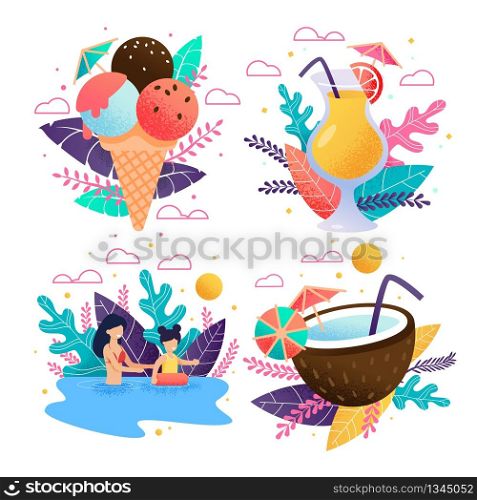 Tropical Treat and Happy Resting Family Promo Set. Advertising Banner Template Kit for Resort and Beach Bar or Cafe. Cartoon Mother and Daughter Swim. Vector Cocktails and Ice Cream Illustration. Tropical Treat and Happy Resting Family Promo Set