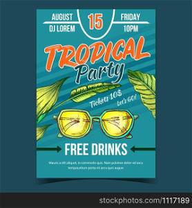 Tropical Tree Leaves And Sunglasses Banner Vector. Floral Green Plant Leaves And Stylish Sun Glasses On Invitation Poster To Disco Dancing Party. Hand Drawn In Vintage Style Illustration. Tropical Tree Leaves And Sunglasses Banner Vector