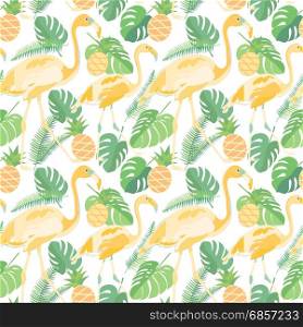 Tropical trendy seamless pattern with flamingos, pineapples and palm leaves
