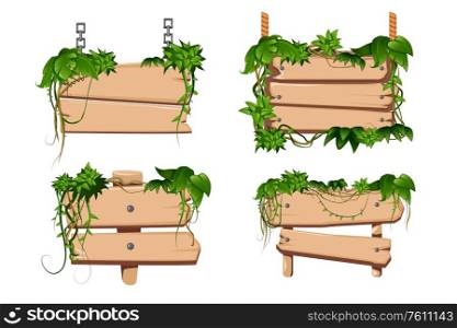 Tropical twining liana vines leaves twist around 4 classical cartoon wooden sign boards set isolated vector illustration
