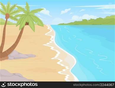 Tropical vacation flat color vector illustration. Seaside retreat. Summer destination. Outdoor entertaining area. Beach resort 2D simple cartoon landscape with palm trees on background. Tropical vacation flat color vector illustration
