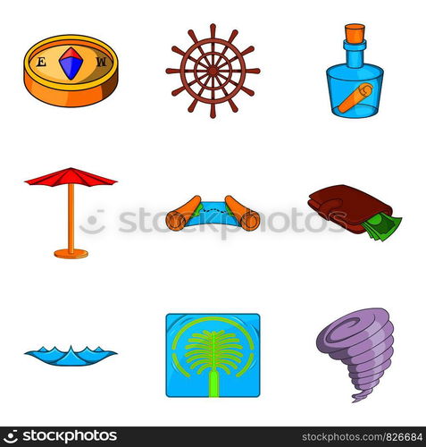 Tropical vacation icons set. Cartoon set of 9 tropical vacation vector icons for web isolated on white background. Tropical vacation icons set, cartoon style