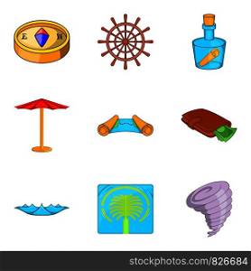 Tropical vacation icons set. Cartoon set of 9 tropical vacation vector icons for web isolated on white background. Tropical vacation icons set, cartoon style
