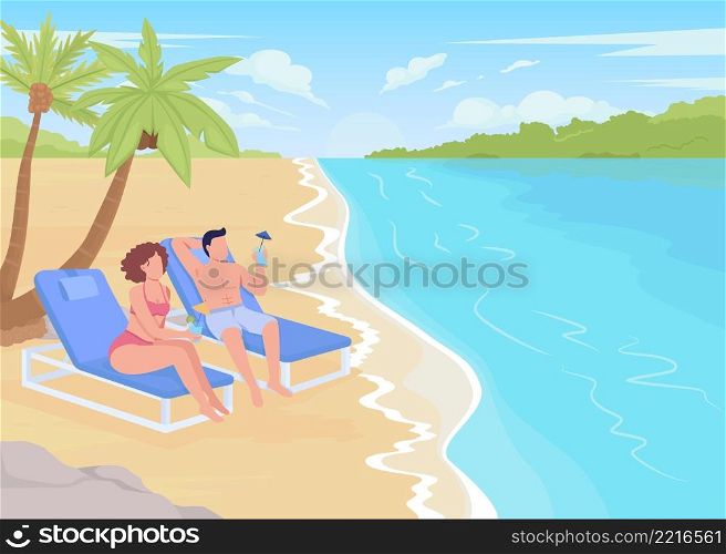 Tropical vacation on island flat color vector illustration. Beach retreat. Couple drinking cocktails and relaxing along coastline 2D simple cartoon characters with palm trees on background. Tropical vacation on island flat color vector illustration