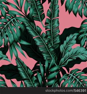 Tropical vector green leaves seamless pattern pink background. Exotic wallpaper