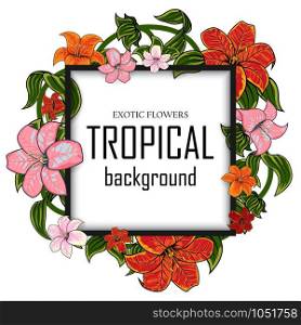 Tropical vector illustration with place for your text lily flowers and leaves isolated on white background. Tropical illustration with place for your text lily flowers and leaves isolated on white background Vector illustrations
