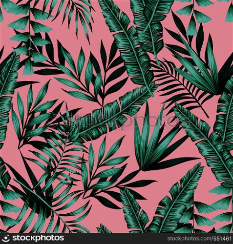 Tropical vector realistic green leaves seamless pattern pink background. Exotic trendy wallpaper