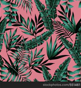 Tropical vector realistic green leaves seamless pattern pink background. Exotic trendy wallpaper