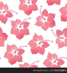 Tropical vector seamless pattern with red watercolor flowers on a white background