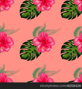 Tropical vintage hibiscus plumeria floral green leaves seamless pattern white background. Exotic wallpaper. Seamless pattern with tropical leaves, hibiscus flowers