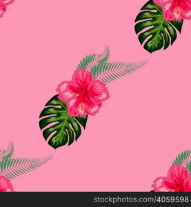 Tropical vintage hibiscus plumeria floral green leaves seamless pattern white background. Exotic wallpaper. Seamless pattern with tropical leaves, hibiscus flowers