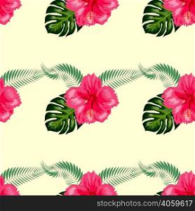 Tropical vintage hibiscus plumeria floral green leaves seamless pattern white background. Exotic wallpaper. Seamless pattern with tropical leaves, hibiscus flowers