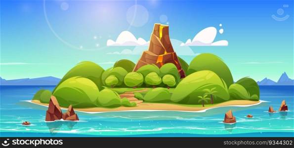 Tropical volcano island in sea cartoon vector landscape background. Exotic volcanic isle with palm tree forest in ocean water. Beautiful tropic tourism green seaside coast nature on sunny day.. Tropical volcano island in sea cartoon landscape