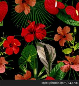 Tropical wallpaper composition of different flowers and leaves. Seamless vector pattern on a black background