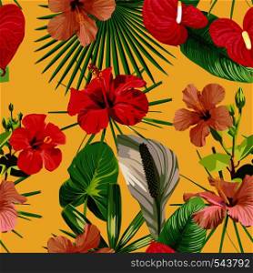 Tropical wallpaper composition of different flowers and leaves. Seamless vector pattern on a yellow background