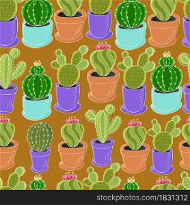 Tropical wallpaper in green colors. Trendy image for design. Seamless pattern of different cacti. Cute vector background. Cute vector illustration. Cartoon images of cactus. Cacti, aloe, succulents. Decorative natural elements