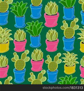 Tropical wallpaper in green colors. Trendy image is ideal for design. Seamless pattern of different cacti. Cute vector background. Cute vector illustration. Cartoon images of cactus. Cacti, aloe, succulents. Decorative natural elements