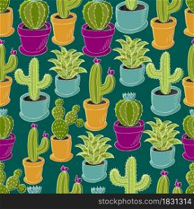 Tropical wallpaper in green colors. Trendy image is ideal for fabrics, backgrounds, design creativity. Seamless pattern of different cacti. Cute vector background. Cute vector illustration. Cartoon images of cactus. Cacti, aloe, succulents. Decorative natural elements