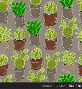 Tropical wallpaper in green colors. Trendy image. Seamless pattern of different cacti. Cute vector background. Cute vector illustration. Cartoon images of cactus. Cacti, aloe, succulents. Decorative natural elements