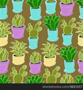 Tropical wallpaper in green colors. Trendy Seamless pattern of different cacti. Cute vector background. Cute vector illustration. Cartoon images of cactus. Cacti, aloe, succulents. Decorative natural elements