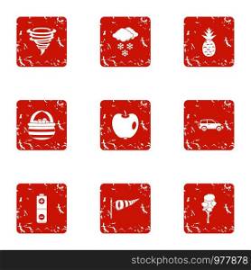 Tropical weather icons set. Grunge set of 9 tropical weather vector icons for web isolated on white background. Tropical weather icons set, grunge style