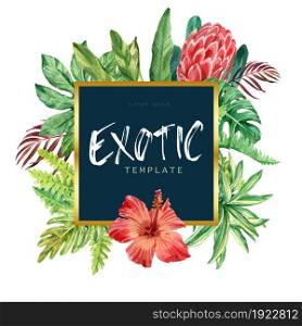 Tropical wreath swirl design summer with plants foliage exotic, creative watercolor vector illustration template design