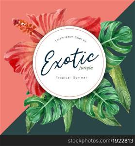 Tropical wreath swirl design summer with plants foliage exotic, creative watercolor vector illustration template design
