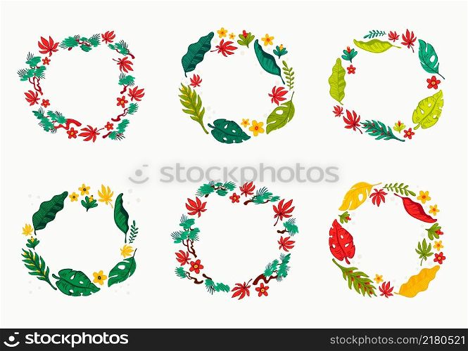 Tropical wreaths, a set of floral round frames with various leaves and flowers. Organic flat style vector illustration isolated on white background. Tropical wreaths, a set of floral round frames with various leaves and flowers. Organic flat style vector illustration isolated on white background.