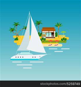Tropical Yacht Vacation Composition. Tropical island vacation composition with flat images of ocean yacht and sand island with palms and house vector illustration