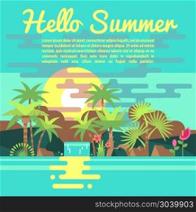Tropics summer vacation vector background in trendy flat style. Tropics summer vacation vector background in trendy flat style. Banner for advertising of travel agency illustration
