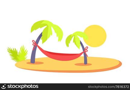 Tropics vector, isolated hammock tied to two palm trees tropical beach and sunset, sunshine on beach with hot sand, nature of coastal area idyllic place, rest unde? palms. Tropical Seaside, Hammock and Palm Trees Vector