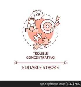 Trouble concentrating terracotta concept icon. Anxiety and mental illness abstract idea thin line illustration. Isolated outline drawing. Editable stroke. Roboto-Medium, Myriad Pro-Bold fonts used. Trouble concentrating terracotta concept icon