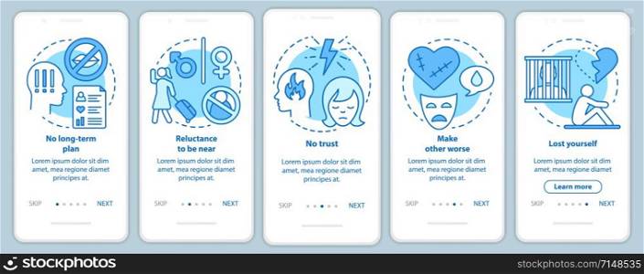 Trouble in relationships onboarding mobile app page screen with linear concepts. No long-term plan walkthrough steps graphic instructions. UX, UI, GUI vector template with illustrations