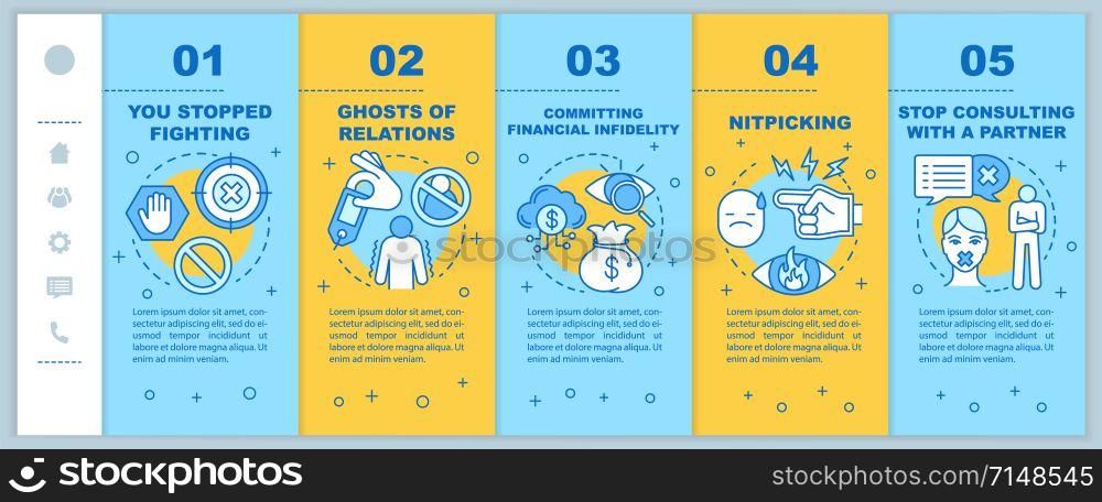 Trouble in relationships onboarding mobile web pages vector template. Responsive smartphone website interface idea with linear illustrations. Webpage walkthrough step screens. Color concept