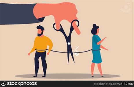 Trouble people and scissor cut conflict. Family problem man and girl for love vector illustration concept. Solution and marriage with argument. Cartoon character hate half love and confusion