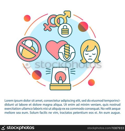 Trouble relationship article page vector template. Domestic violence. Marriage problems. Brochure, magazine, booklet design element with linear icons. Print design. Concept illustrations with text