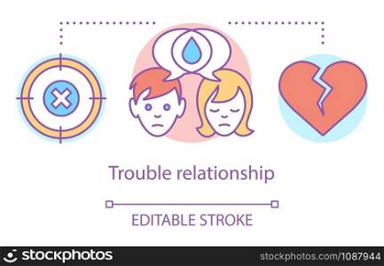 Trouble relationship concept icon. Marriage problem, couple breakup separation idea thin line illustration. Target, sad people and broken heart vector isolated outline drawing. Editable stroke